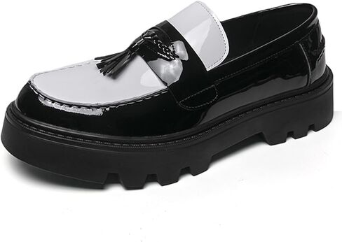 Two Tone Platform Tassel Penny Loafers for Men Fashion Black & White Comfort Slip On Round Toe Lug- Sole Chunky Heeled Dress Loafers Work Office Business Daily Casual in Kuwait