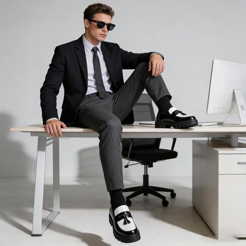 Two Tone Platform Tassel Penny Loafers for Men Fashion Black & White Comfort Slip On Round Toe Lug- Sole Chunky Heeled Dress Loafers Work Office Business Daily Casual in Kuwait