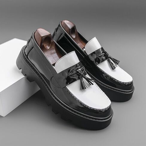 Two Tone Platform Tassel Penny Loafers for Men Fashion Black & White Comfort Slip On Round Toe Lug- Sole Chunky Heeled Dress Loafers Work Office Business Daily Casual in Kuwait