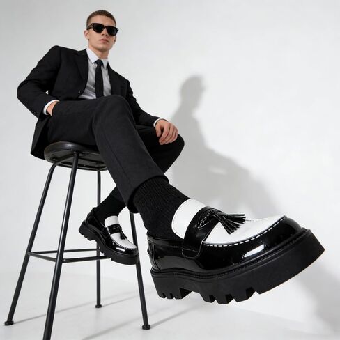 Two Tone Platform Tassel Penny Loafers for Men Fashion Black & White Comfort Slip On Round Toe Lug- Sole Chunky Heeled Dress Loafers Work Office Business Daily Casual in Kuwait
