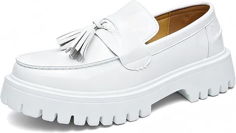 Two Tone Platform Tassel Penny Loafers for Men Fashion Black & White Comfort Slip On Round Toe Lug- Sole Chunky Heeled Dress Loafers Work Office Business Daily Casual in Kuwait