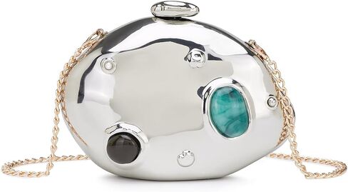 Metallic Evening Clutch for Women, Minaudiere Hard Box Stone Inlay Purse Elegant Handbag with Chain Strap Crossbody Bag in Saudi Arabia