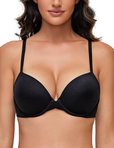 Deyllo Women's Push Up Bra Padded Underwire T-Shirt Smooth Plunge Deep V Lift Up Add One Cup(Black,32DD) in Saudi Arabia