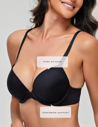Deyllo Women's Push Up Bra Padded Underwire T-Shirt Smooth Plunge Deep V Lift Up Add One Cup(Black,32DD) in Saudi Arabia