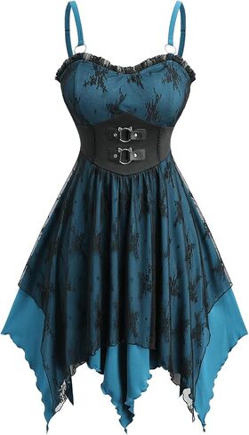ROSE GAL Women Plus Size Gothic Dress Spaghetti Strap Lace Overlay Midi Layered Handkerchief Hem Corset Dress in Kuwait