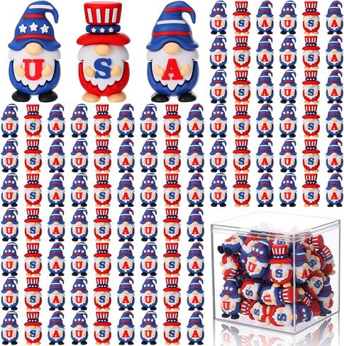 100 Pcs 4th of July Mini Gnomes Set with Acrylic Display Box, 1.4 Inch Patriotic Gnome Figures, Red White Blue USA Flag Mini Ornaments for Independence Day Party Favors & Table Decor in Saudi Arabia
