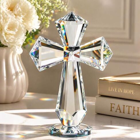 Hand-Carved Crystal Cross Standing – 6 Inch Clear K9 Glass Cross Figurine, Religious Desk & Home Altar Decor, Christian Spiritual Gift with 360° Faceted Design, Transparent Inspirational Ornament in Saudi Arabia