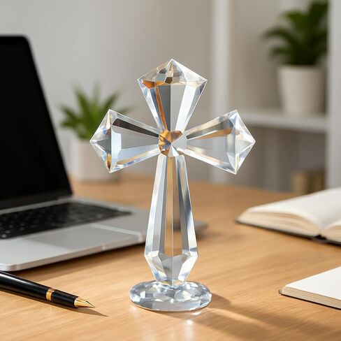 Hand-Carved Crystal Cross Standing – 6 Inch Clear K9 Glass Cross Figurine, Religious Desk & Home Altar Decor, Christian Spiritual Gift with 360° Faceted Design, Transparent Inspirational Ornament in Saudi Arabia