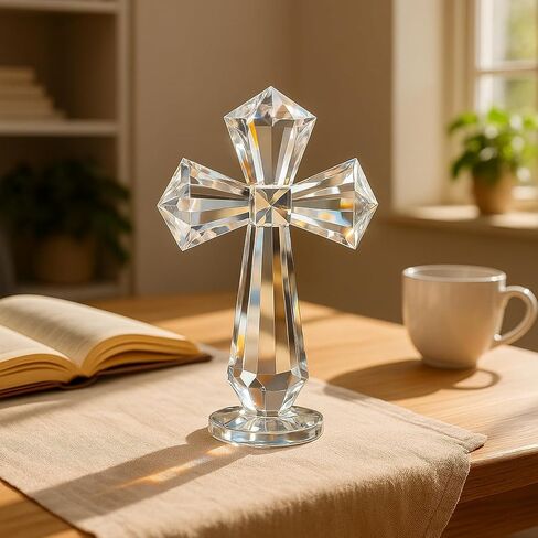 Hand-Carved Crystal Cross Standing – 6 Inch Clear K9 Glass Cross Figurine, Religious Desk & Home Altar Decor, Christian Spiritual Gift with 360° Faceted Design, Transparent Inspirational Ornament in Saudi Arabia