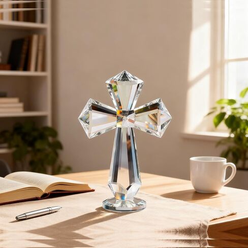 Hand-Carved Crystal Cross Standing – 6 Inch Clear K9 Glass Cross Figurine, Religious Desk & Home Altar Decor, Christian Spiritual Gift with 360° Faceted Design, Transparent Inspirational Ornament in Saudi Arabia