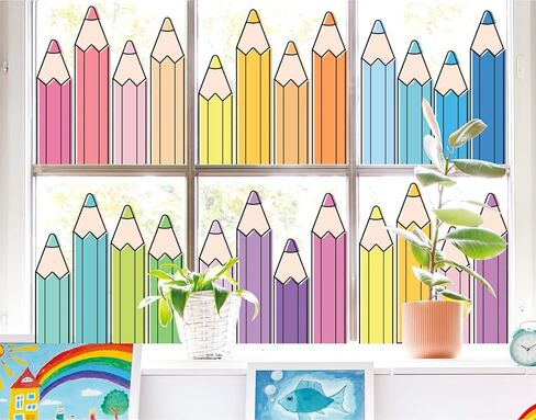 Whaline 9 Sheets Pastel Color Pencil Window Clings Window Decal Back to School Candy Color Line Art Pencil Reusable Anti-Collision Windows Decor for First Day of School Classroom Decor in Kuwait