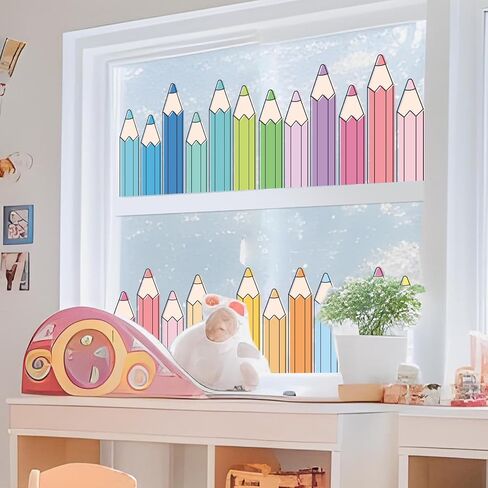 Whaline 9 Sheets Pastel Color Pencil Window Clings Window Decal Back to School Candy Color Line Art Pencil Reusable Anti-Collision Windows Decor for First Day of School Classroom Decor in Kuwait