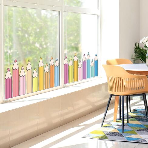 Whaline 9 Sheets Pastel Color Pencil Window Clings Window Decal Back to School Candy Color Line Art Pencil Reusable Anti-Collision Windows Decor for First Day of School Classroom Decor in Kuwait