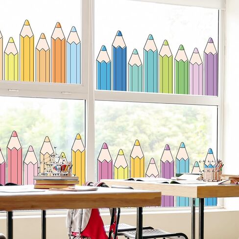 Whaline 9 Sheets Pastel Color Pencil Window Clings Window Decal Back to School Candy Color Line Art Pencil Reusable Anti-Collision Windows Decor for First Day of School Classroom Decor in Kuwait