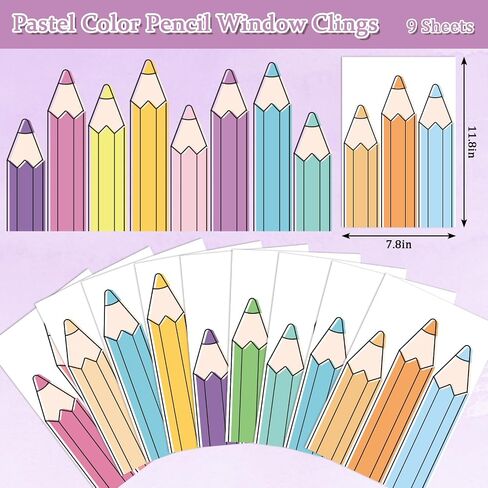 Whaline 9 Sheets Pastel Color Pencil Window Clings Window Decal Back to School Candy Color Line Art Pencil Reusable Anti-Collision Windows Decor for First Day of School Classroom Decor in Kuwait