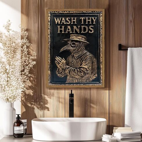 Vintage Plague Doctor Bathroom Wall Art Dark Funny Wash Thy Hands Sign Restroom Decor Picture, Gothic Wash Your Hands Toilet Poster Canvas Print Painting 12x16 inch Wood Framed in Saudi Arabia
