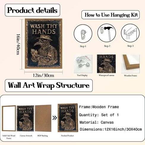 Vintage Plague Doctor Bathroom Wall Art Dark Funny Wash Thy Hands Sign Restroom Decor Picture, Gothic Wash Your Hands Toilet Poster Canvas Print Painting 12x16 inch Wood Framed in Saudi Arabia
