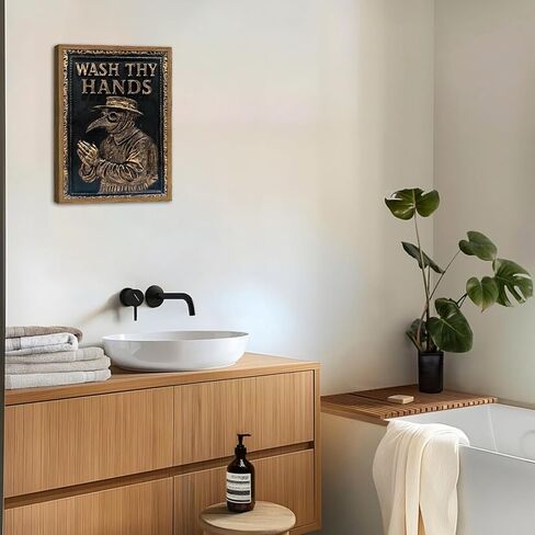 Vintage Plague Doctor Bathroom Wall Art Dark Funny Wash Thy Hands Sign Restroom Decor Picture, Gothic Wash Your Hands Toilet Poster Canvas Print Painting 12x16 inch Wood Framed in Saudi Arabia