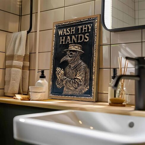 Vintage Plague Doctor Bathroom Wall Art Dark Funny Wash Thy Hands Sign Restroom Decor Picture, Gothic Wash Your Hands Toilet Poster Canvas Print Painting 12x16 inch Wood Framed in Saudi Arabia
