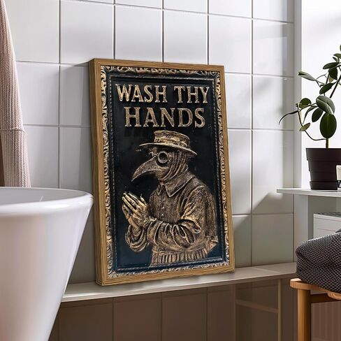 Vintage Plague Doctor Bathroom Wall Art Dark Funny Wash Thy Hands Sign Restroom Decor Picture, Gothic Wash Your Hands Toilet Poster Canvas Print Painting 12x16 inch Wood Framed in Saudi Arabia