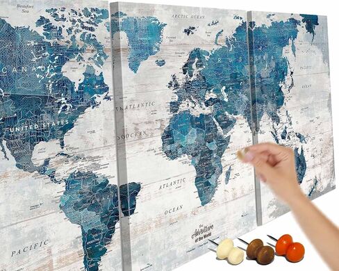 Canvas Wall Art Office Artwork Large Modern Abstract Map of the World Push Pin Board Travel Map Blue Pictures for Living Room Bedroom Dining Room Motivational Home Decor in Saudi Arabia