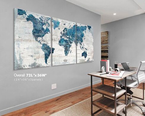 Canvas Wall Art Office Artwork Large Modern Abstract Map of the World Push Pin Board Travel Map Blue Pictures for Living Room Bedroom Dining Room Motivational Home Decor in Saudi Arabia