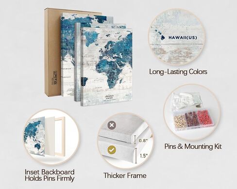 Canvas Wall Art Office Artwork Large Modern Abstract Map of the World Push Pin Board Travel Map Blue Pictures for Living Room Bedroom Dining Room Motivational Home Decor in Saudi Arabia
