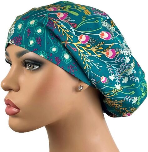 DK Scrub Hats, Surgical Cap for Healthcare Workers, Euro Bouffant, OR Nurse Bonnet, Teal Wildflowers in Kuwait