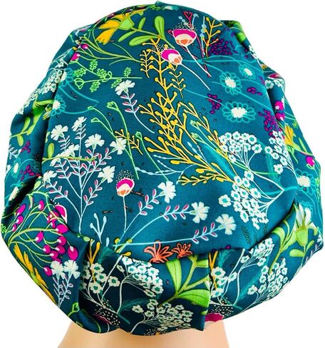 DK Scrub Hats, Surgical Cap for Healthcare Workers, Euro Bouffant, OR Nurse Bonnet, Teal Wildflowers in Kuwait