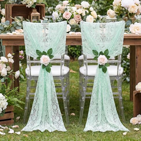 QueenDream White Chair Sashes Wedding Aisle Decorations: 16 Pieces 8ft Lace Chair Cover 9.5 x 94.5 Inch Vintage Embroidered Boho Chair Bows - Reception Party Home Decor in Saudi Arabia