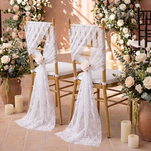 QueenDream White Chair Sashes Wedding Aisle Decorations: 16 Pieces 8ft Lace Chair Cover 9.5 x 94.5 Inch Vintage Embroidered Boho Chair Bows - Reception Party Home Decor in Saudi Arabia