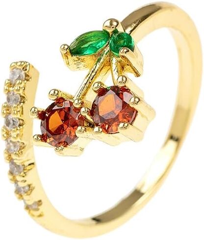 CZ Red Cherry Fruit Stacking Statement Ring for Women Gold Plated Adjustable Expandable Crystal Leaf Open Wrap Finger Rings Comfort Fit Dainty Birthday Halloween Christmas Jewelry Gift in Kuwait