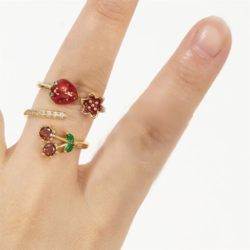 CZ Red Cherry Fruit Stacking Statement Ring for Women Gold Plated Adjustable Expandable Crystal Leaf Open Wrap Finger Rings Comfort Fit Dainty Birthday Halloween Christmas Jewelry Gift in Kuwait