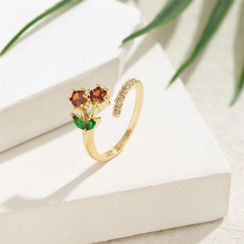 CZ Red Cherry Fruit Stacking Statement Ring for Women Gold Plated Adjustable Expandable Crystal Leaf Open Wrap Finger Rings Comfort Fit Dainty Birthday Halloween Christmas Jewelry Gift in Kuwait