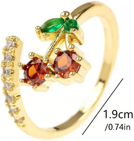 CZ Red Cherry Fruit Stacking Statement Ring for Women Gold Plated Adjustable Expandable Crystal Leaf Open Wrap Finger Rings Comfort Fit Dainty Birthday Halloween Christmas Jewelry Gift in Kuwait