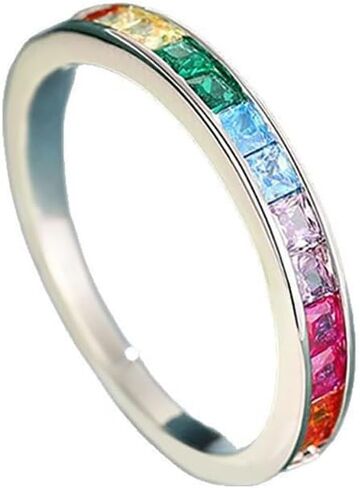 Kokoma Rainbow Crystal Stacking Ring for Women Colorful Cubic Zirconia Thin Finger Band Statament Rings Wedding Bands Promise Engagement Dainty Jewelry in Kuwait