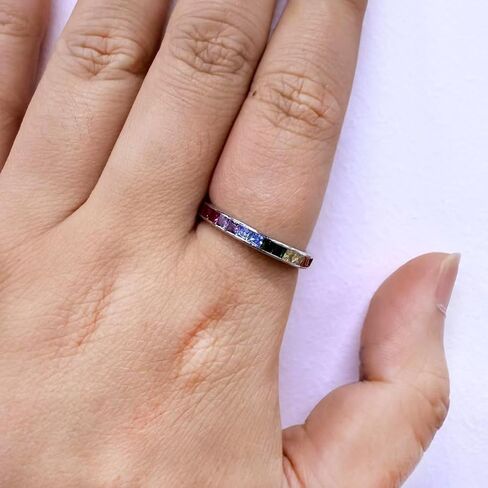 Kokoma Rainbow Crystal Stacking Ring for Women Colorful Cubic Zirconia Thin Finger Band Statament Rings Wedding Bands Promise Engagement Dainty Jewelry in Kuwait