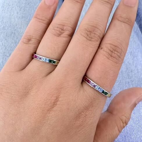 Kokoma Rainbow Crystal Stacking Ring for Women Colorful Cubic Zirconia Thin Finger Band Statament Rings Wedding Bands Promise Engagement Dainty Jewelry in Kuwait