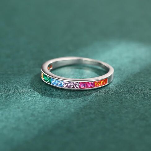 Kokoma Rainbow Crystal Stacking Ring for Women Colorful Cubic Zirconia Thin Finger Band Statament Rings Wedding Bands Promise Engagement Dainty Jewelry in Kuwait