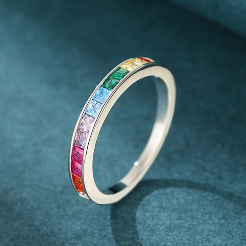 Kokoma Rainbow Crystal Stacking Ring for Women Colorful Cubic Zirconia Thin Finger Band Statament Rings Wedding Bands Promise Engagement Dainty Jewelry in Kuwait