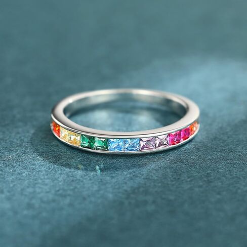 Kokoma Rainbow Crystal Stacking Ring for Women Colorful Cubic Zirconia Thin Finger Band Statament Rings Wedding Bands Promise Engagement Dainty Jewelry in Kuwait