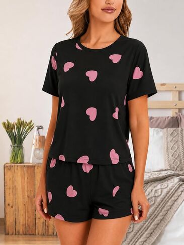 Womens Pajama Set 2 Piece Short Sleeve Sleepwear Cute Printed Top And Shorts Lounge Set in Kuwait