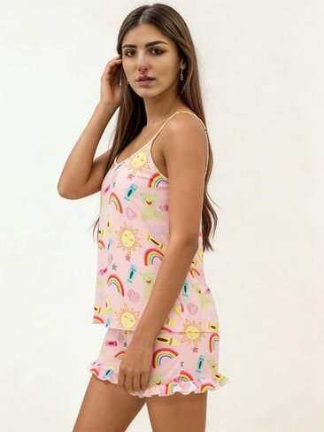 Women’s Milk Silk Cami Pajama Set, Printed Sleeveless Top & Shorts Two-Piece Sleepwear in Kuwait