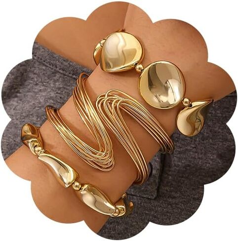 Chunky Gold Bracelet Set for Women Punk Multi-Layered Hammered Metal Bangles Trendy Minimalist Stackable Party Jewelry Set in Saudi Arabia