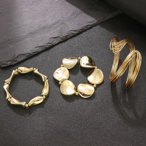 Chunky Gold Bracelet Set for Women Punk Multi-Layered Hammered Metal Bangles Trendy Minimalist Stackable Party Jewelry Set in Saudi Arabia