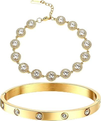 18K Gold Plated 2-Piece Stackable Bracelets for Women, Tennis Bracelet and Classic CZ Bangle, Love Jewelry Set, Mother's Day Wedding Anniversary Valentines Birthday Gifts for Mom Wife Daughter in Saudi Arabia