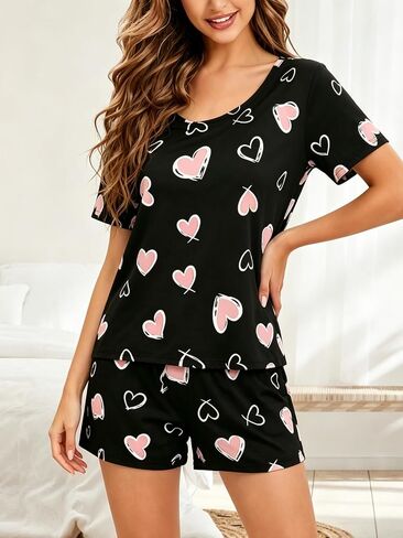 Womens Pajama Set 2 Piece Short Sleeve Sleepwear Cute Printed Top And Shorts Lounge Set in Kuwait