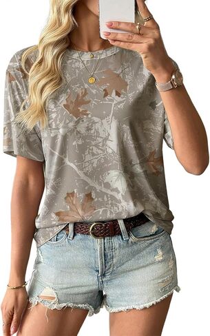 EVALESS Womens Camo Shirt Summer Graphic Tee Crewneck Short Sleeve Oversized Maple Leaf Camouflage Print Tops in Kuwait