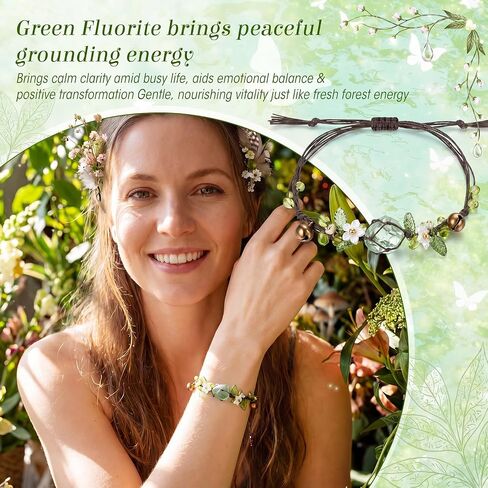 Green Fluorite Macrame Bracelet with Jewelry Box, Handmade Boho Floral Crystal Bracelet with Natural Raw Fluorite, Adjustable Spiritual Healing Jewelry for Women Nature-Inspired Meditation in Saudi Arabia