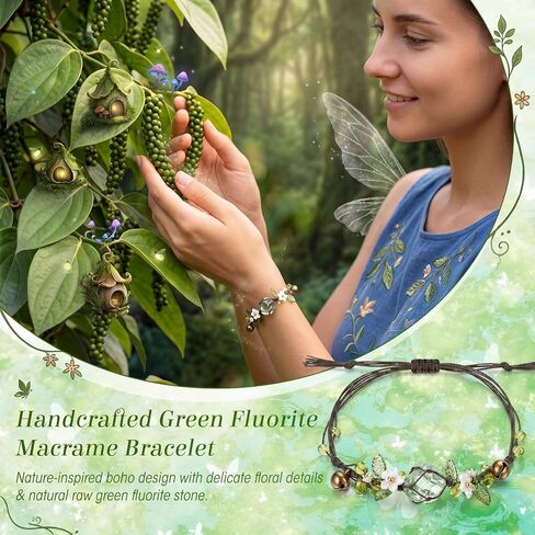Green Fluorite Macrame Bracelet with Jewelry Box, Handmade Boho Floral Crystal Bracelet with Natural Raw Fluorite, Adjustable Spiritual Healing Jewelry for Women Nature-Inspired Meditation in Saudi Arabia